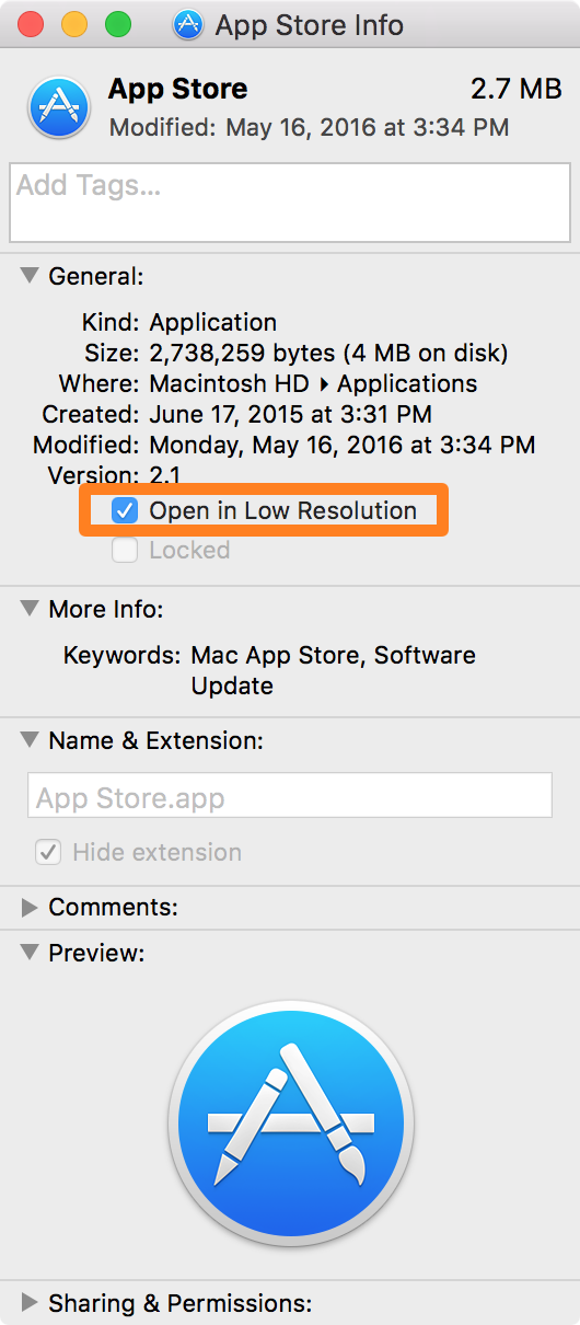 Mac-App „Informationen abrufen“ in niedriger Auflösung öffnen