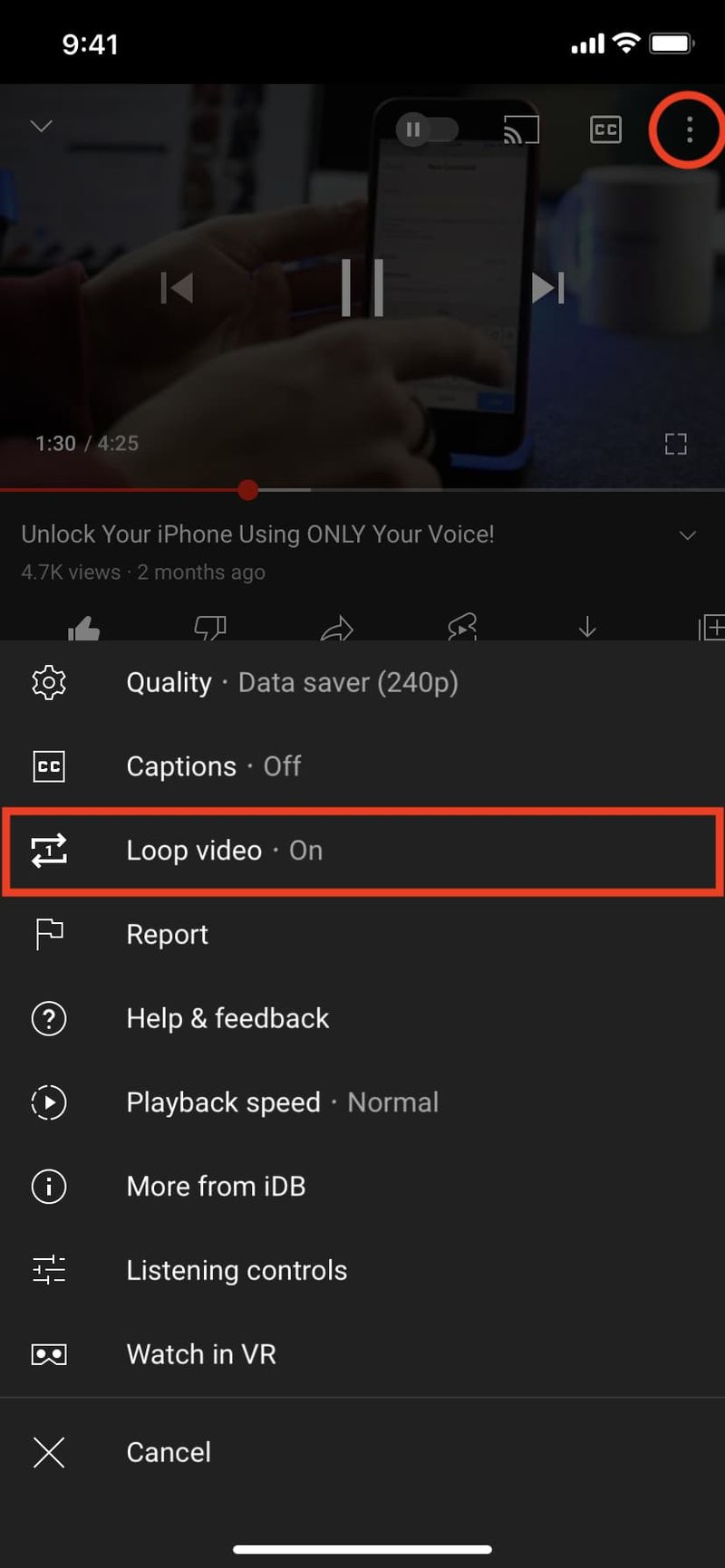 Loop YouTube-Video in der mobilen App