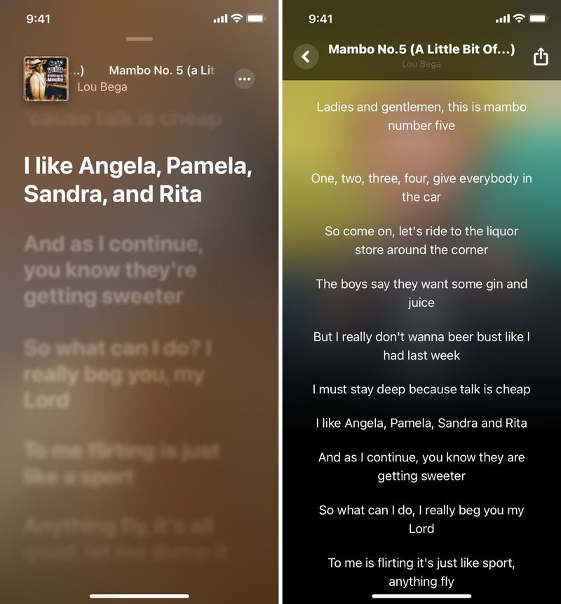 Hervorgehobene Liedtexte in Apple Music- und Shazam-Apps