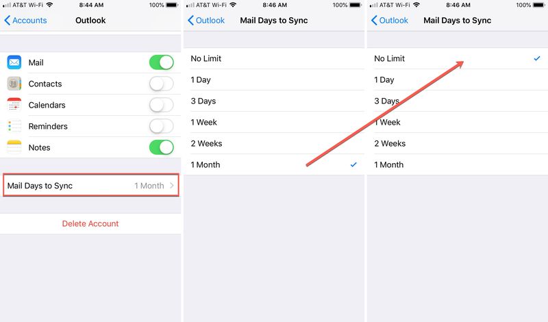 Ändern Sie Outlook Mail Days in iPhone synchronisieren