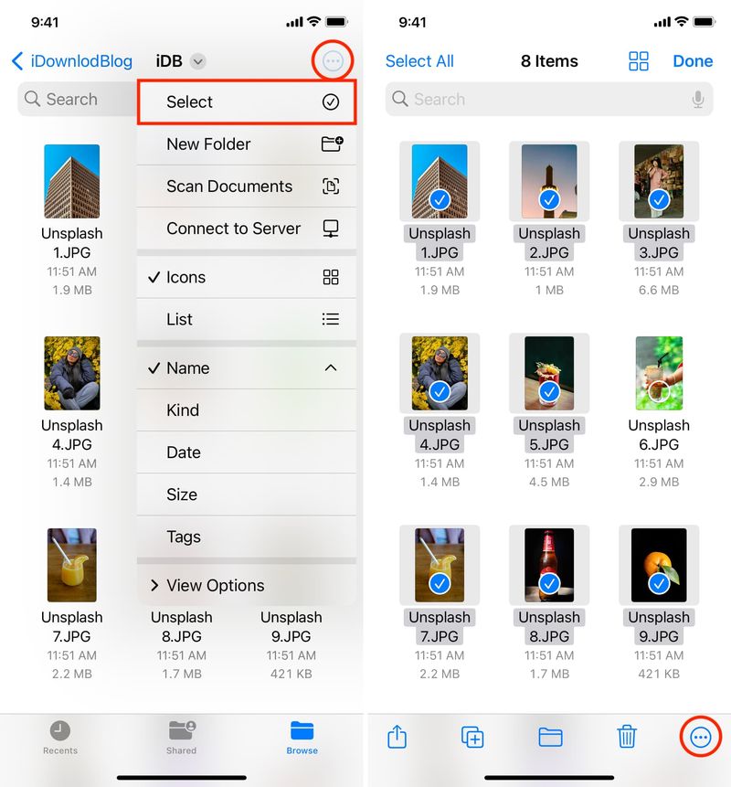 Wählen Sie Bilder in der App „Dateien“ aus und tippen Sie auf die Schaltfläche „Mehr“.