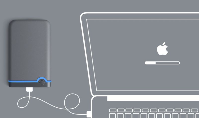 Eine Abbildung, die ein an das MacBook angeschlossenes externes Laufwerk zeigt