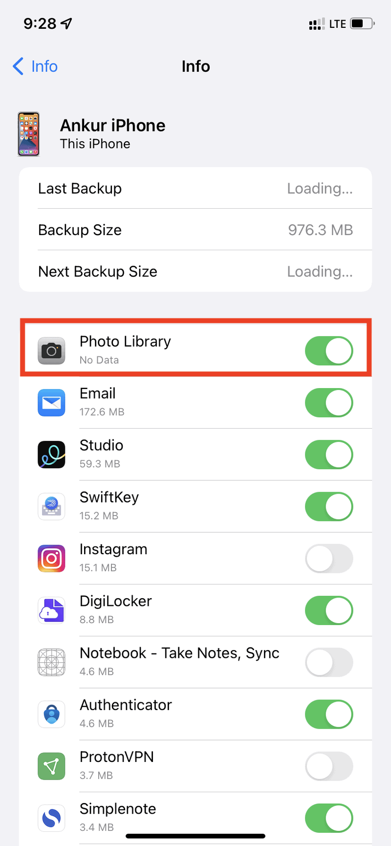 Fotobibliothek in den iCloud Backup-Einstellungen aktiviert
