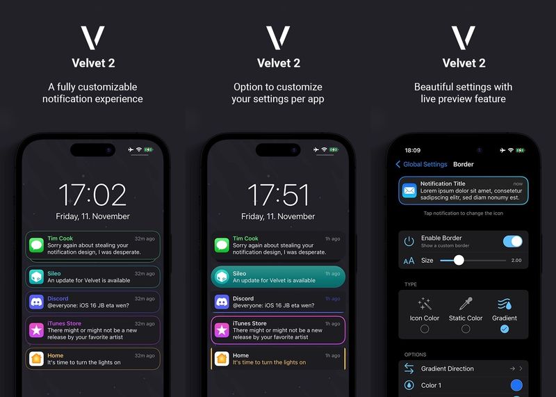 Velvet 2 bietet erweiterte Farboptionen für Bannerbenachrichtigungen auf iOS 15-Geräten mit Jailbreak