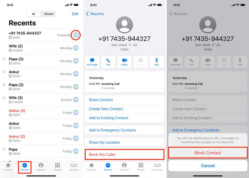 Blockieren Sie den letzten Anrufer auf dem iPhone über die Telefon-App