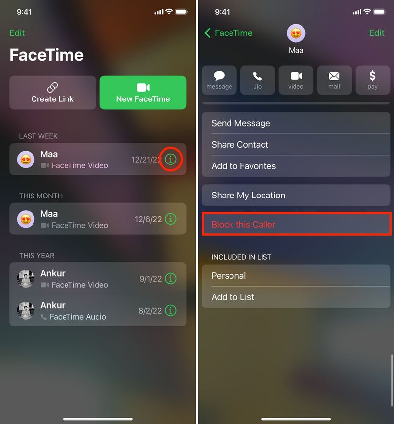 Anrufer in der FaceTime-App auf dem iPhone blockieren