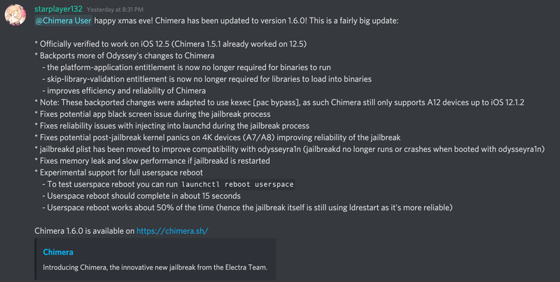 Chimera Jailbreak für iOS 12 wurde auf Version 1.6.0 aktualisiert