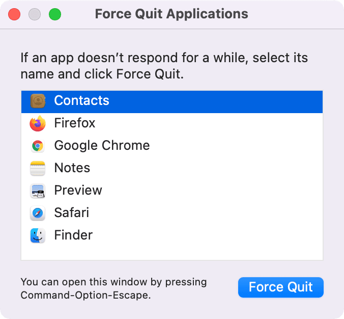Erzwingen Sie das Beenden der Kontakte-App Mac