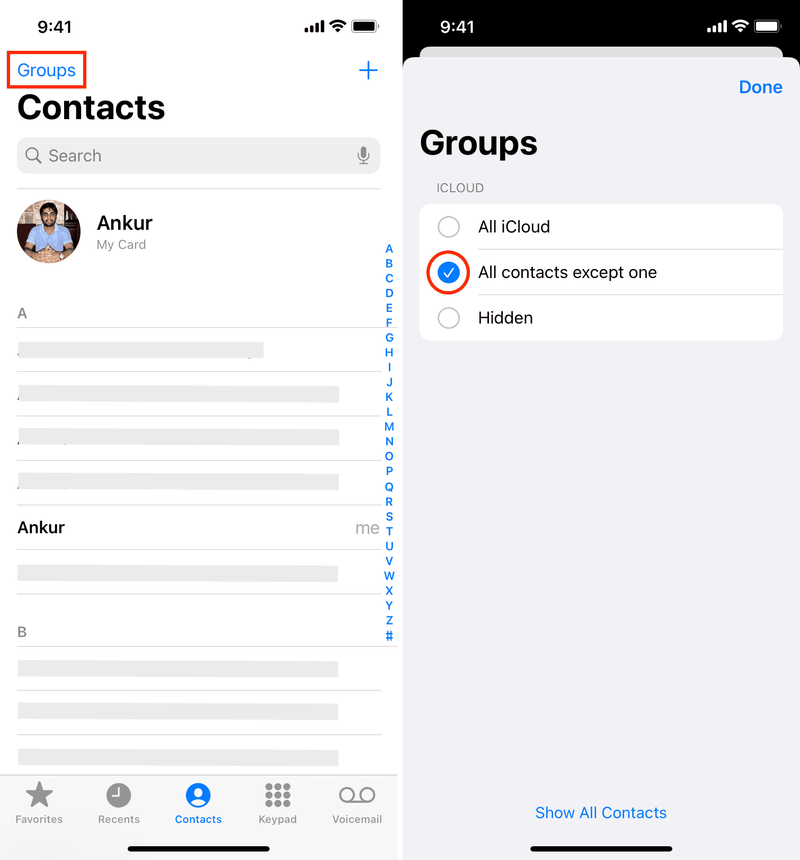 Verstecken Sie Kontakte, indem Sie Kontaktgruppen auf dem iPhone ausblenden