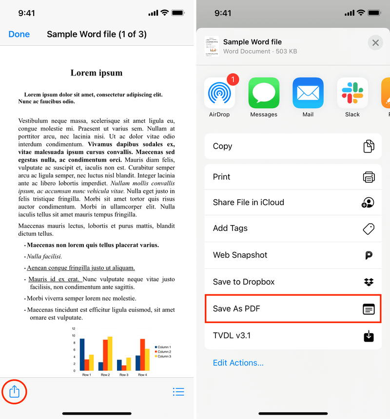 Verwenden Sie „Als PDF speichern“, um Word auf dem iPhone in PDF umzuwandeln