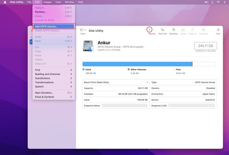 Fügen Sie im Festplatten-Dienstprogramm ein APFS-Volume auf dem Mac hinzu