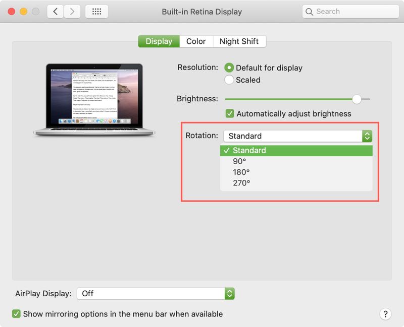 Systemeinstellungen Zeigt Rotation Mac an