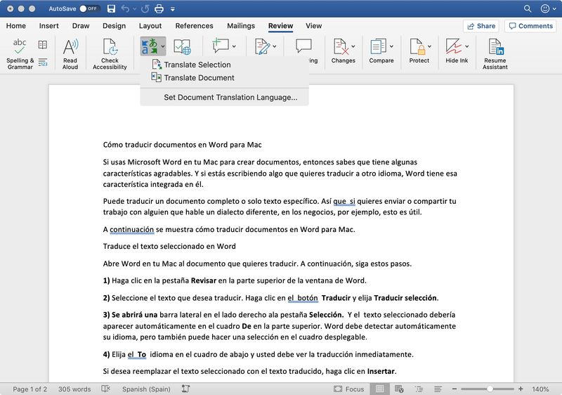 So übersetzen Sie Dokumente und Text in Word auf dem Mac