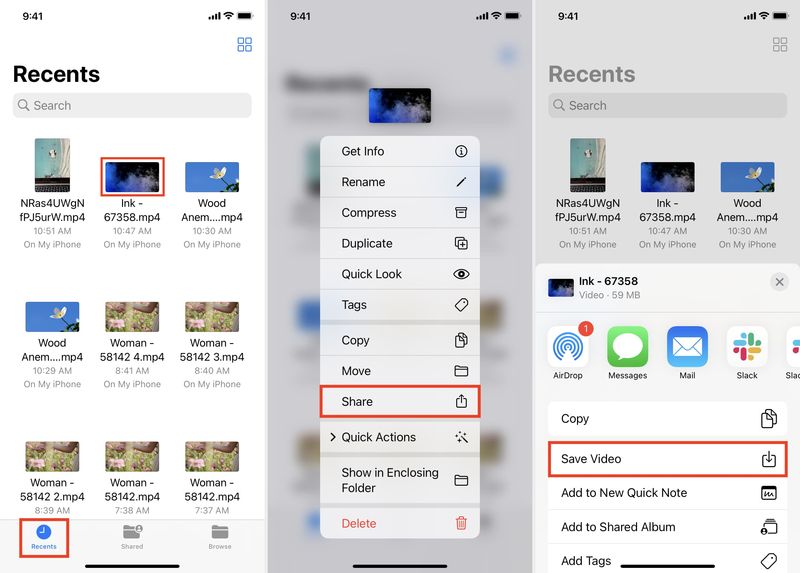 Exportieren Sie Videos aus der Dateien-App in die iPhone-Aufnahmen