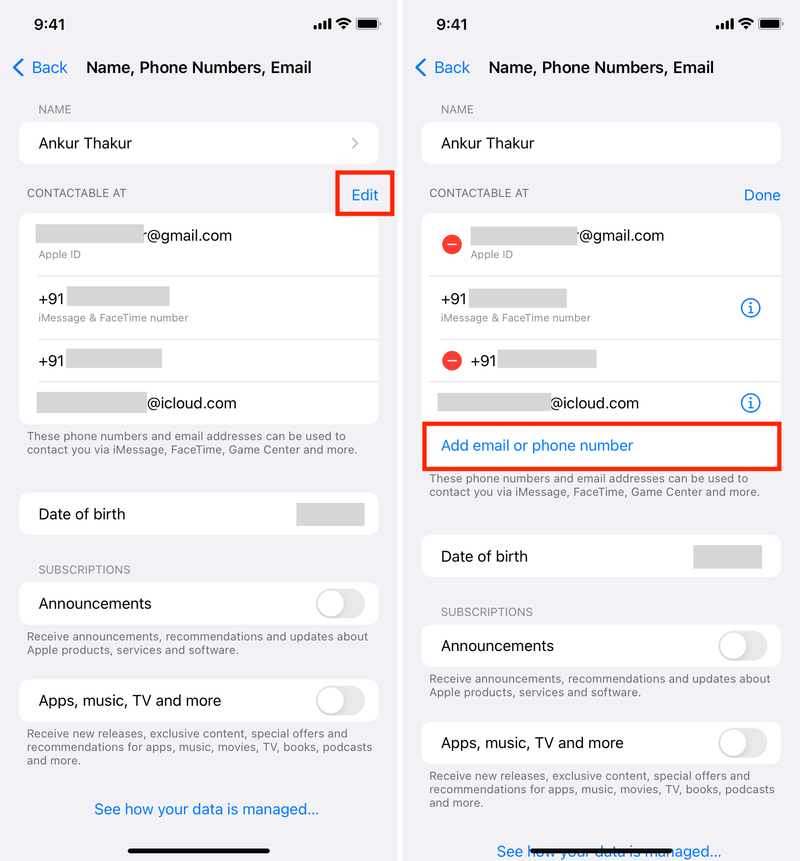 Fügen Sie der Apple ID iPhone eine E-Mail-Adresse oder Telefonnummer hinzu