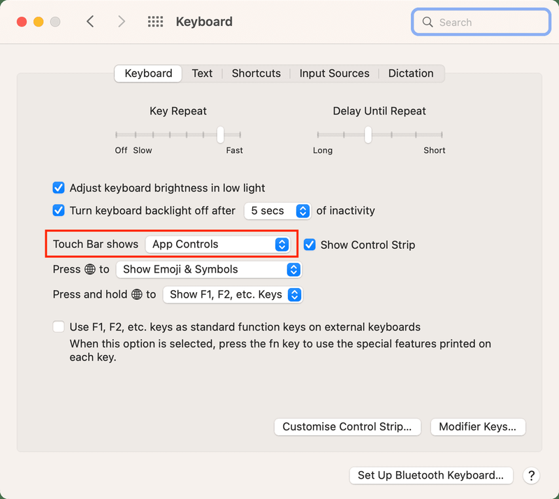 Touch Bar zeigt Einstellungen in den Mac-Systemeinstellungen an, um die fehlende Emoji-Taste wiederherzustellen