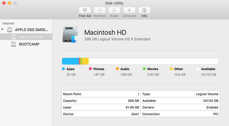 Festplatten-Dienstprogramm OS X-App Macintosh HD ausgewählt
