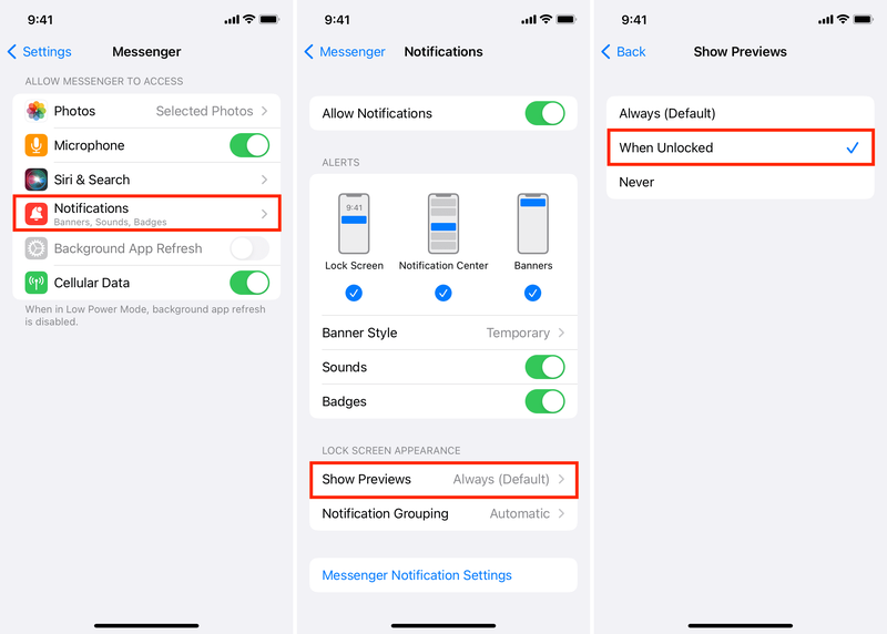 Deaktivieren Sie Vorschauen für Messenger auf dem iPhone anzeigen