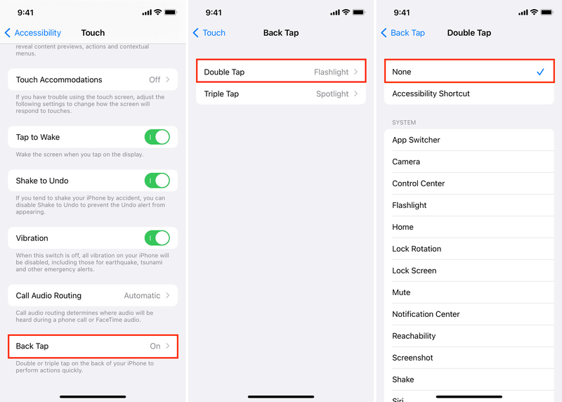 Deaktivieren Sie den Befehl Back Tap Flashlight auf dem iPhone