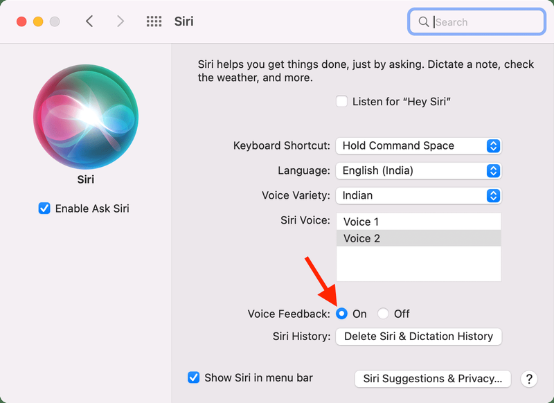 Siri Voice Feedback auf dem Mac aktiviert
