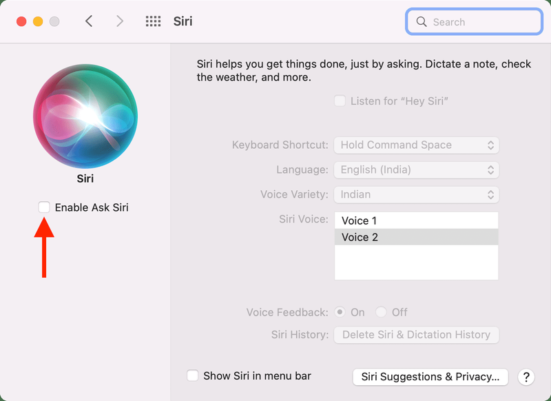 Deaktivieren Sie „Siri fragen auf dem Mac aktivieren“.