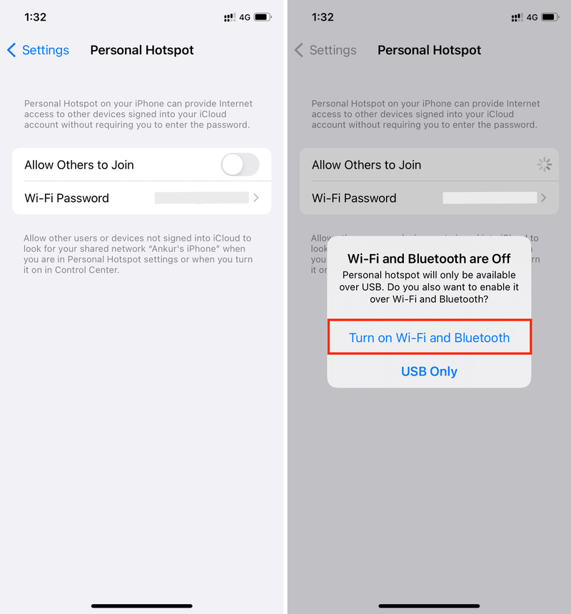 Schalten Sie Wi-Fi und Bluetooth über die persönlichen Hotspot-Einstellungen auf dem iPhone ein