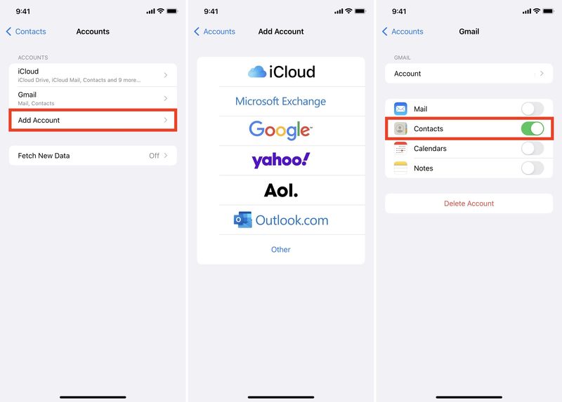 Tippen Sie in den iPhone-Kontakteinstellungen auf Konto hinzufügen, wählen Sie Konto und aktivieren Sie Kontakte