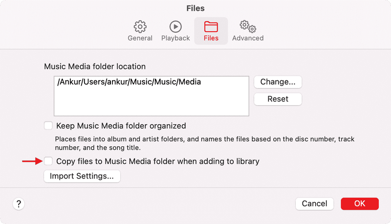 Deaktivieren Sie Dateien beim Hinzufügen zur Bibliothek in den Musikmedienordner kopieren