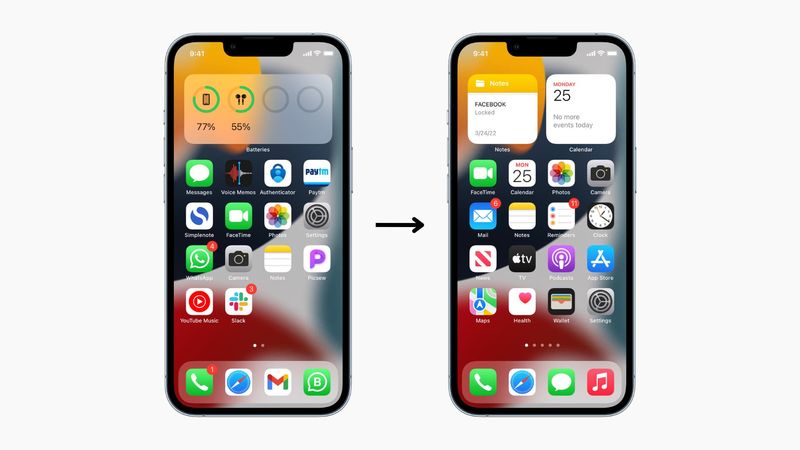 Zwei iPhones auf hellem Hintergrund, wobei das erste iPhone den personalisierten Startbildschirm und das zweite iPhone das zurückgesetzte Startbildschirm-Layout zeigt
