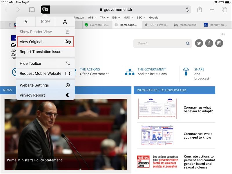 Safari übersetzte Seitenansicht Original iPad anzeigen