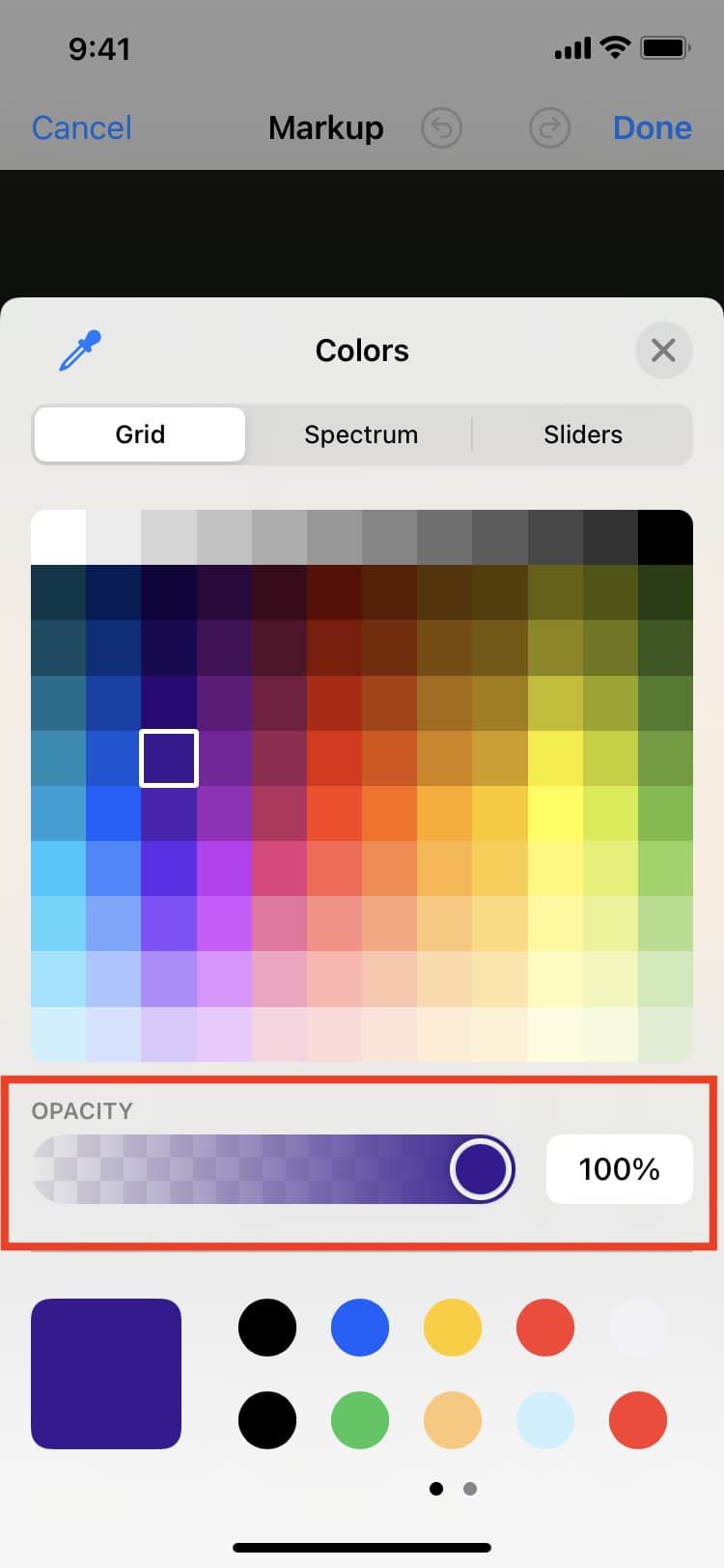 Wählen Sie Farbe und legen Sie die Deckkraft in Markup auf dem iPhone fest