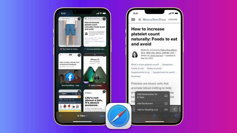 Zwei iPhone-Screenshots, die zeigen, wie man mit nur wenigen Fingertipps alle geöffneten Safari-Registerkarten als Lesezeichen speichert