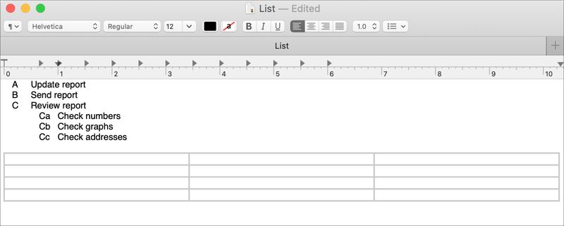 TextEdit-Tabellen listet Mac auf