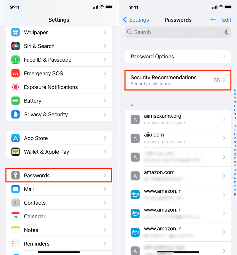 Sicherheitsempfehlungen in den iPhone-Passworteinstellungen