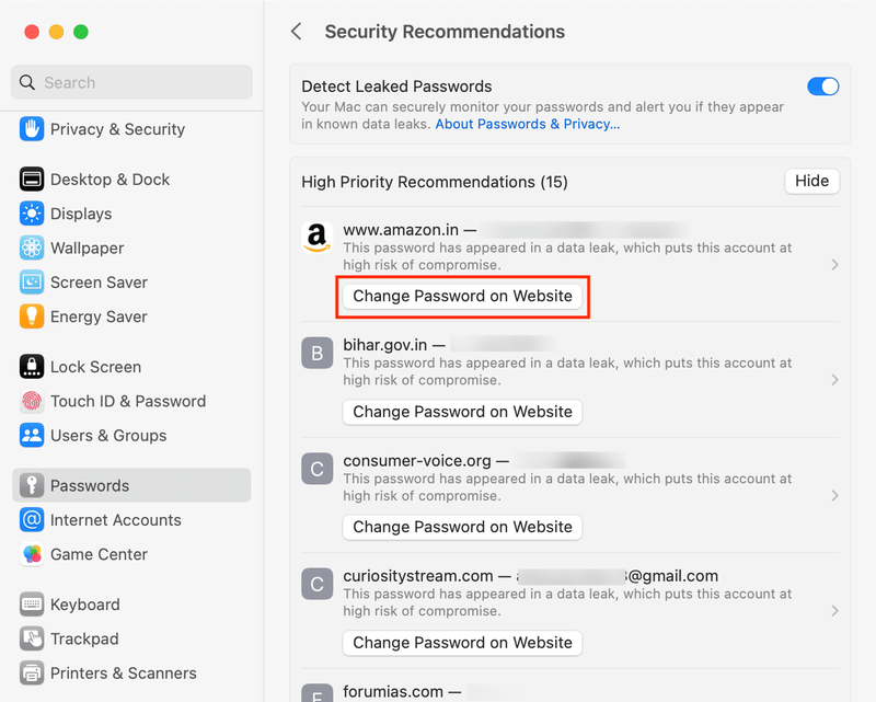 Ändern Sie die Option „Gefährdetes Passwort“ in den Mac-Passworteinstellungen