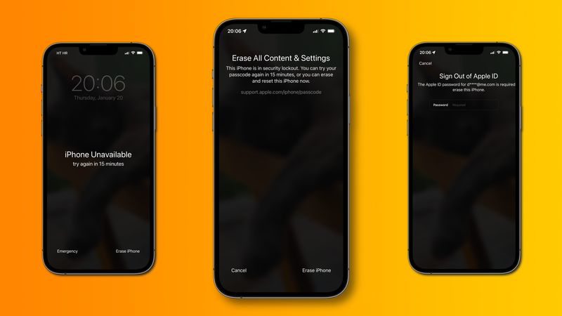 Drei Screenshots von iPhone-Geräten, die den Sicherheitssperrvorgang beim Löschen des iPhone zeigen, vor einem lebhaften Hintergrund mit Farbverlauf