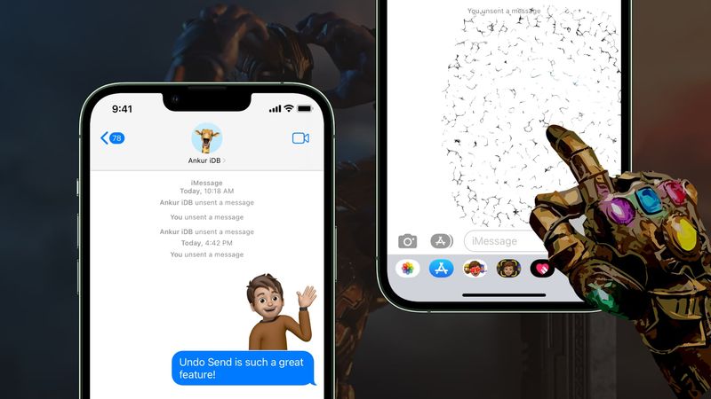 Zwei iPhone-Screenshots, die die Funktion „Senden rückgängig machen“ in Aktion mit Thanos im Hintergrund und Thano zeigen