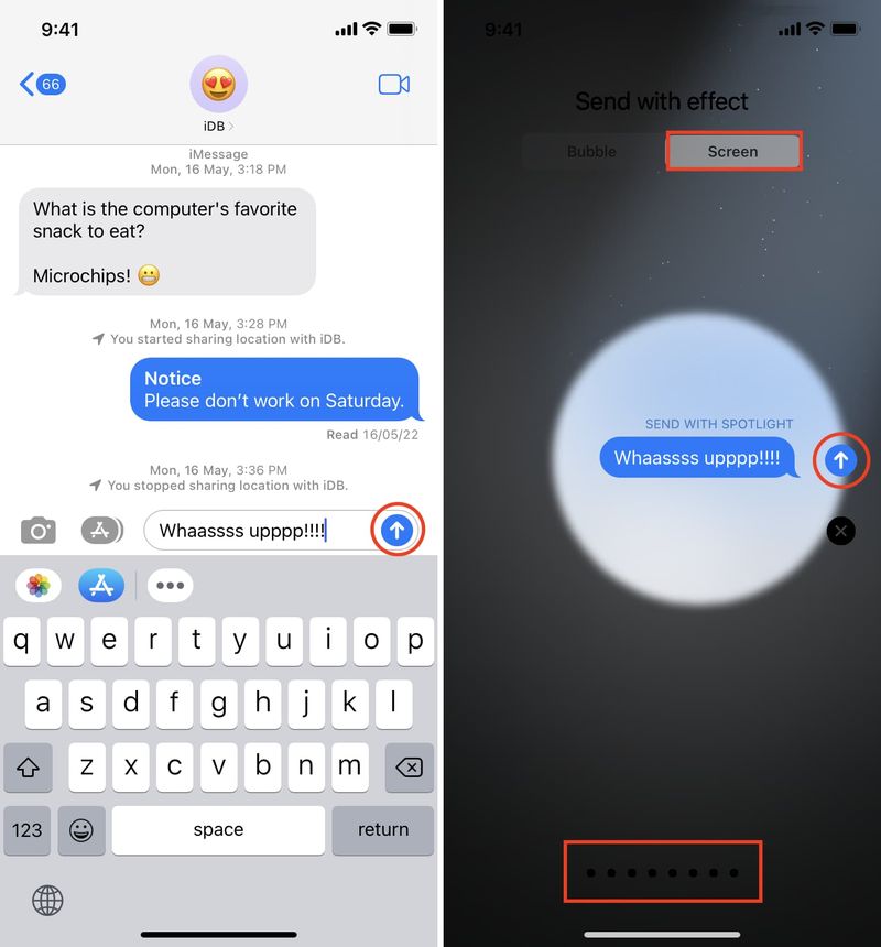 Bildschirmeffekte in iMessage auf dem iPhone