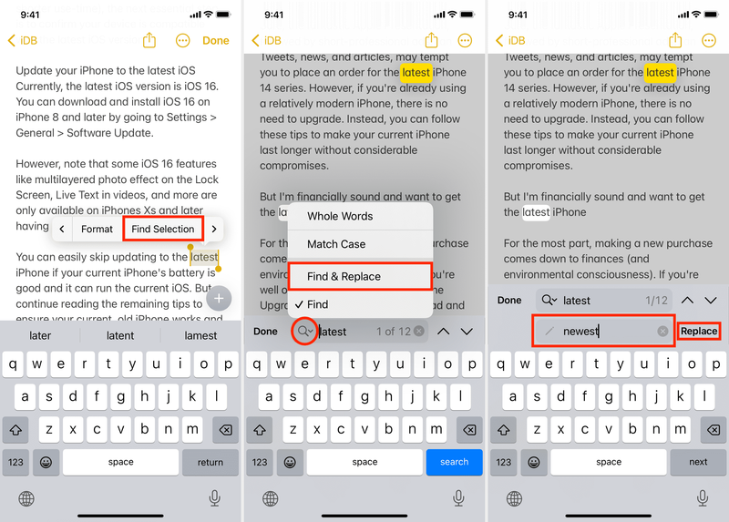 Verwenden Sie „Auswahl suchen“, um Text in der iOS-Notizen-App zu suchen und zu ersetzen