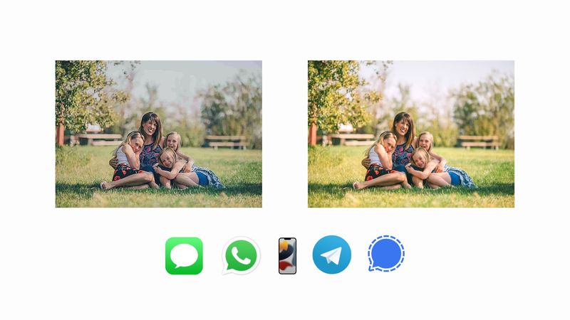 Gleiches Familienbild in niedriger und hoher Qualität mit iMessage-, WhatsApp-, Telegramm-, Signal- und iPhone-Symbolen auf hellem Hintergrund