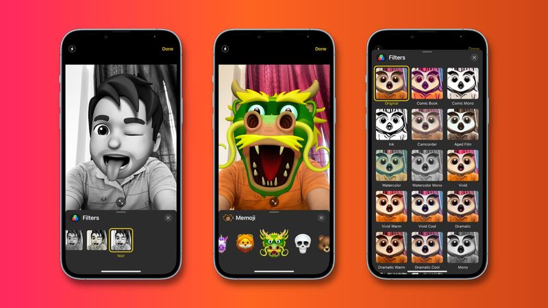 Drei iPhone-Modelle mit iMessage Memoji- und Filtereffekten auf dem iPhone