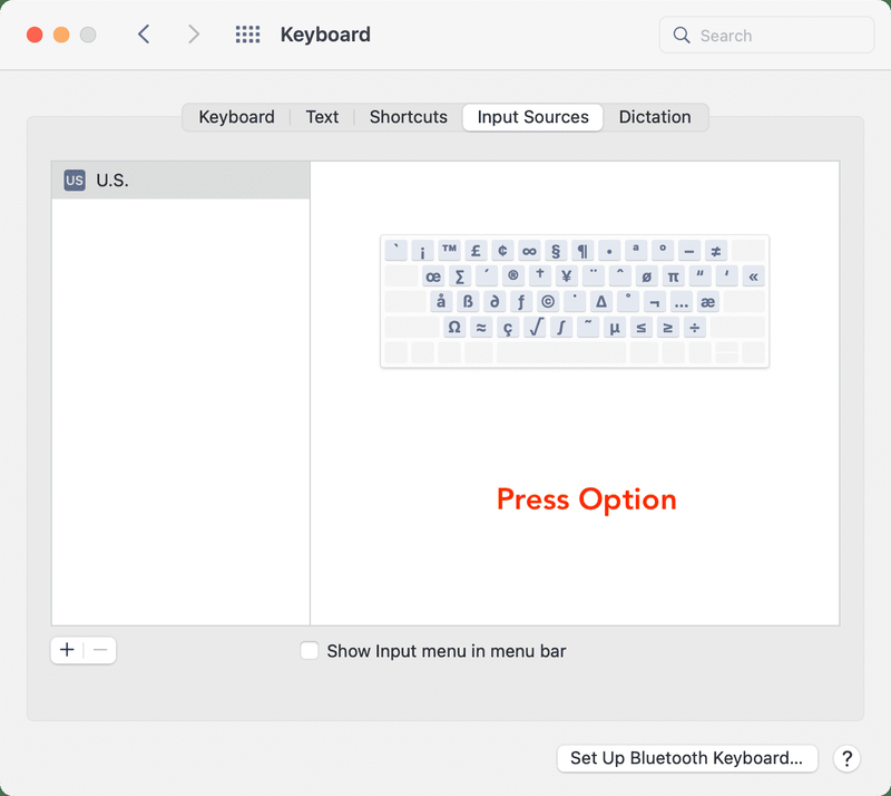 Drücken Sie Option in den Einstellungen für Tastatureingabequellen auf dem Mac, um spezielle Symbole wie Copyright, Warenzeichen und Registriert anzuzeigen