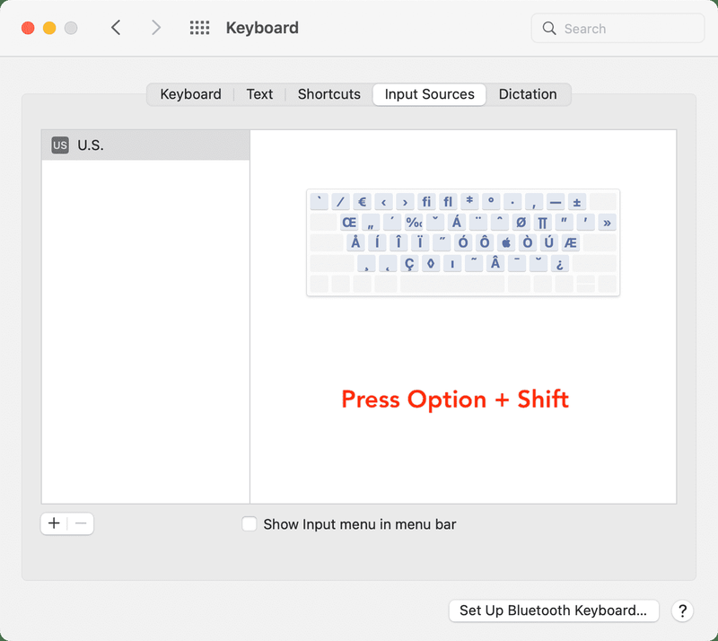 Drücken Sie die Wahl- und Umschalttaste in den Einstellungen für Tastatureingabequellen auf dem Mac, um noch mehr Zeichen anzuzeigen