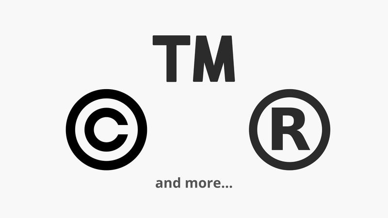 Copyright, Warenzeichen und eingetragene Symbole auf hellem Hintergrund