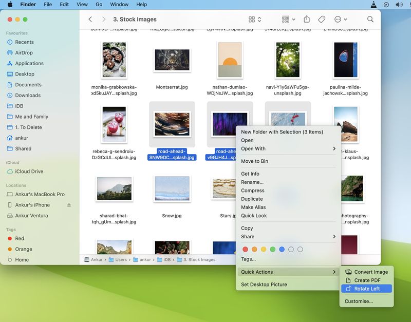 Schritte auf einem Screenshot, der zeigt, wie man mit Schnellaktionen auf dem Mac mehrere Bilder gleichzeitig dreht