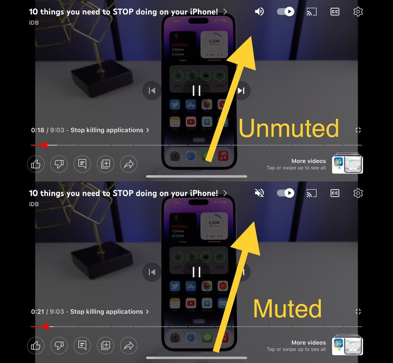 YouMute fügt der Wiedergabeoberfläche der YouTube-App eine Stummschalttaste hinzu