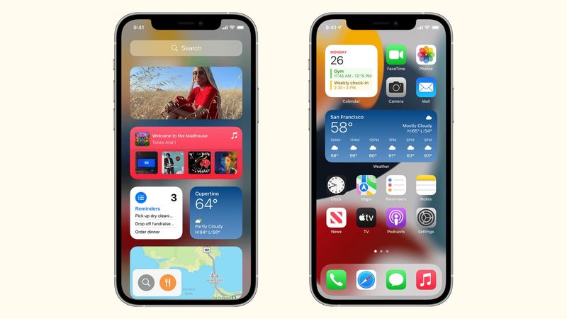Zwei iPhone-Bilder, die iOS-Widgets auf dem Startbildschirm und in der Heute-Ansicht zeigen