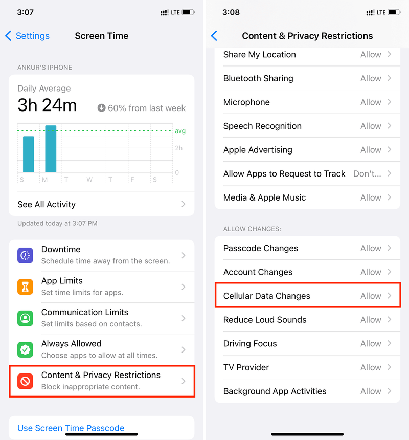 Änderungen der Mobilfunkdaten in den Bildschirmzeiteinstellungen auf dem iPhone